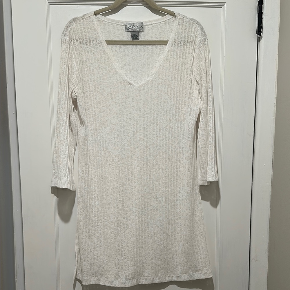 Cream Ribbed V-Neck 3/4 Sleeve Sweater Coverup